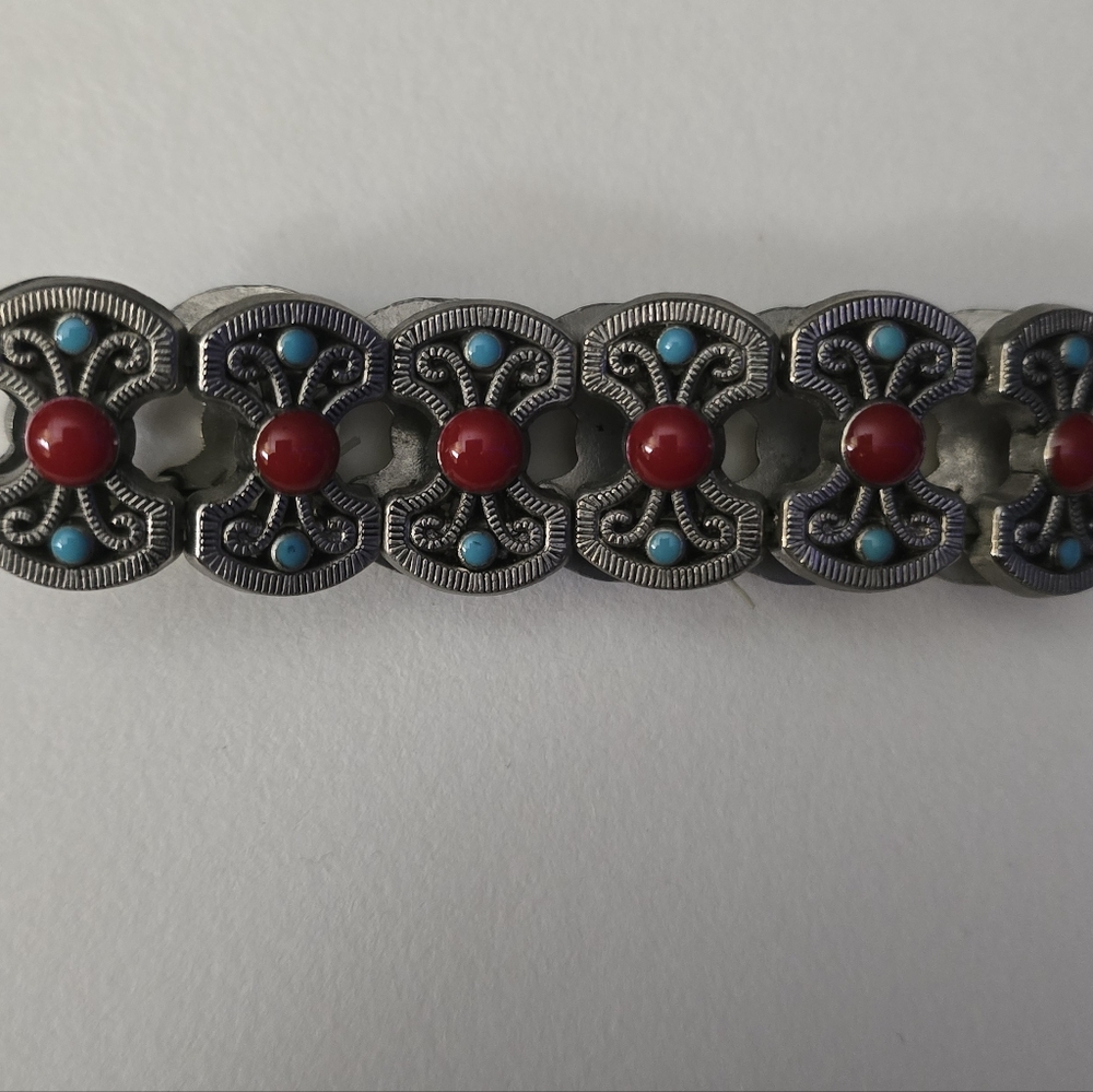 Beautiful Silvertone Red & Blue Turquoise Tiger Eye Color Stones  Bracelet